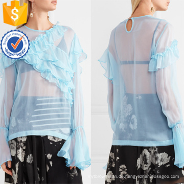 Heißer Verkauf Blau Chiffon Langarm Rüschen Sommer Top Herstellung Großhandel Mode Frauen Bekleidung (TA0089T)